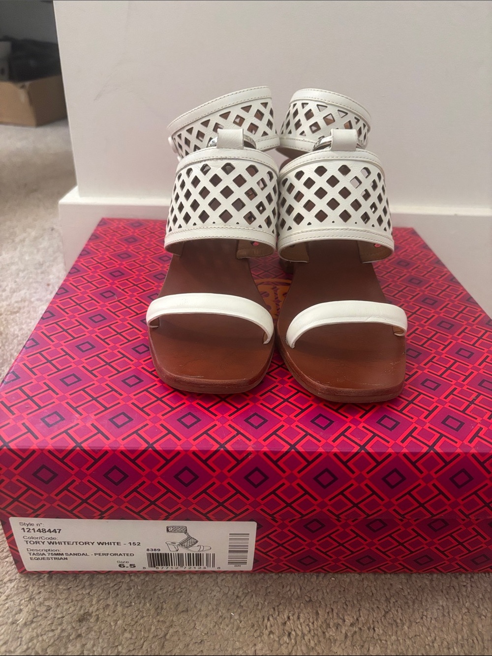 Tory Burch White Perforated Leather Block Heel Sandals